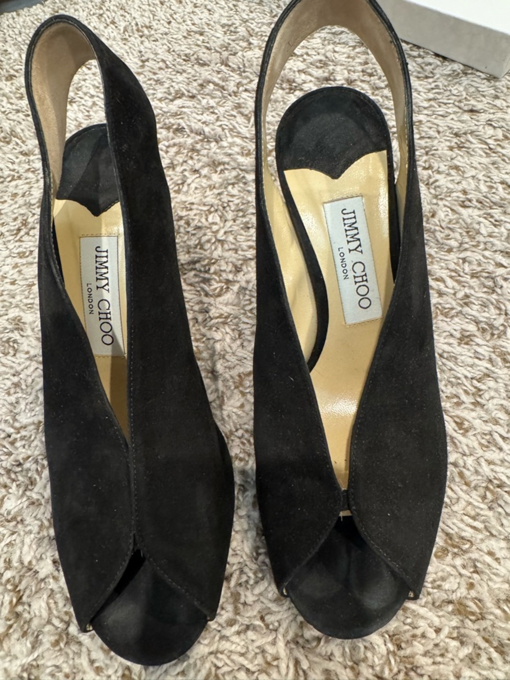 Jimmy Choo Black Suede Peep-Toe Slingback Pumps, size 37.5